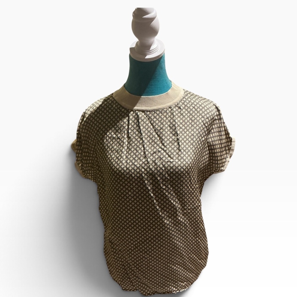 Exquise Womens Geometric Print Mixed Media Knit Top Cream Black Size 4 US 36 EU